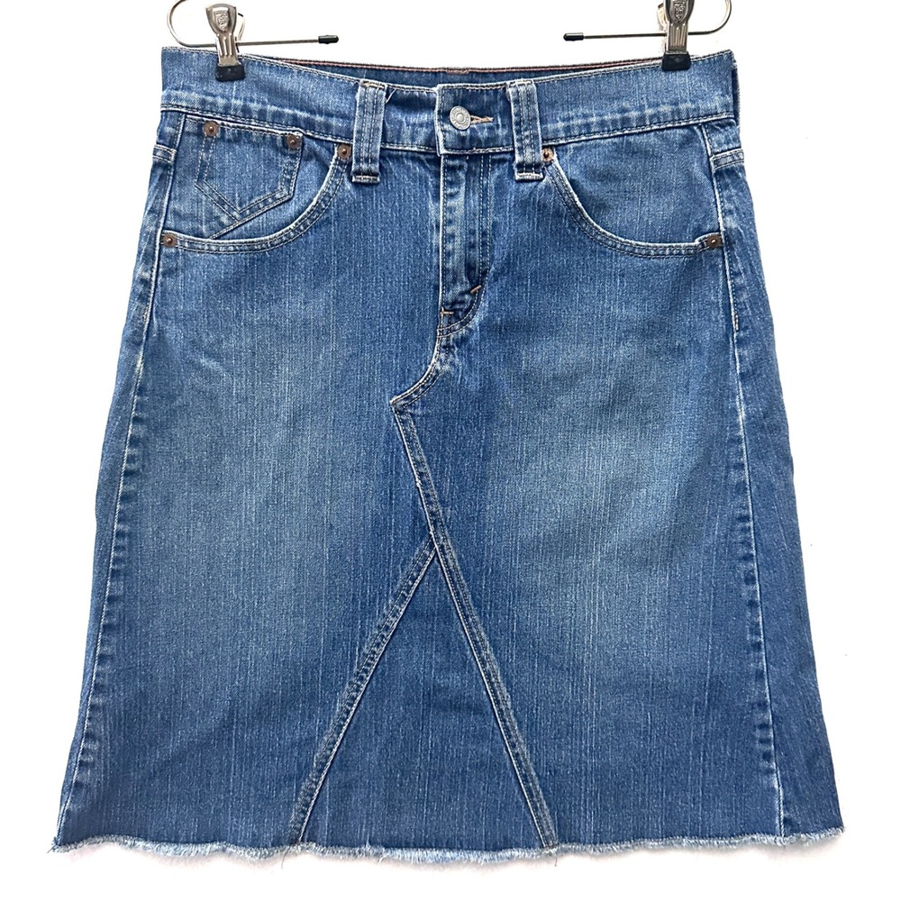 Levis Sz 10 Y2K Deconstructed Denim Mini Skirt Raw Hem Repurposed Medium Wash